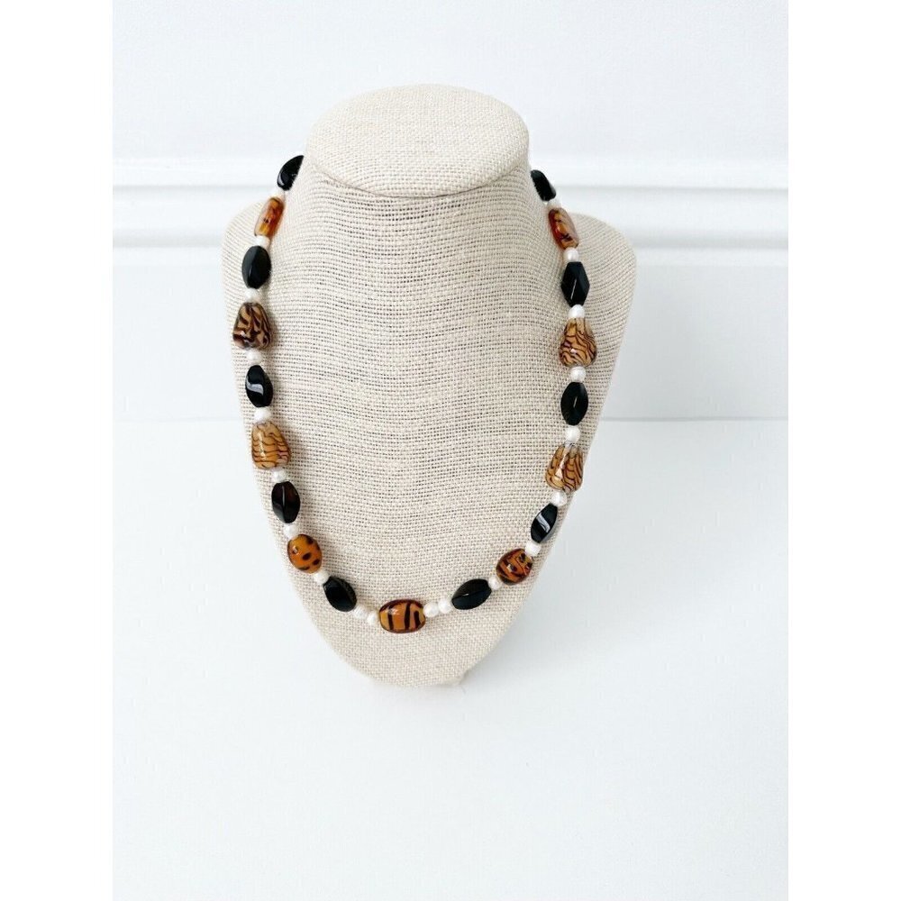 NWT Genuine Black Onyx, Murano Glass & Pearls Necklace Black Brown White Beaded